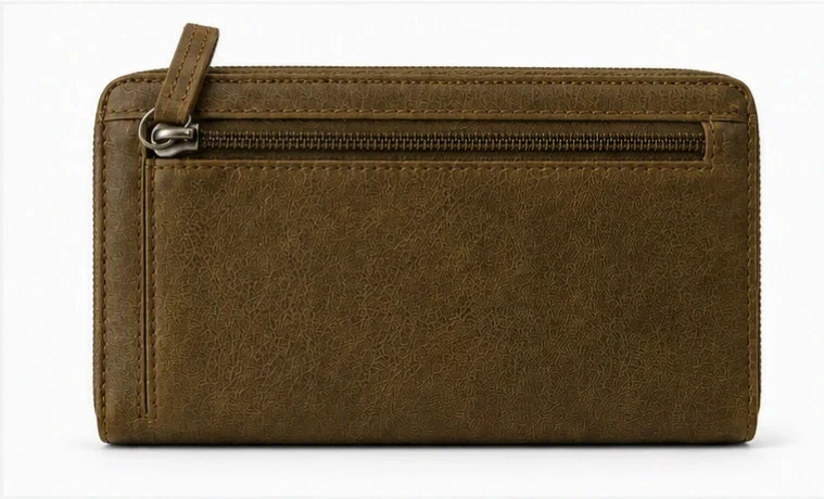 Khaki leather wallet – Multiple compartments – Zipper closure – Very good condition – photo 3